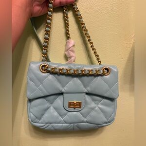Real Leather Unbranded Chanel Style Blue Quilted Chain Shoulder Bag